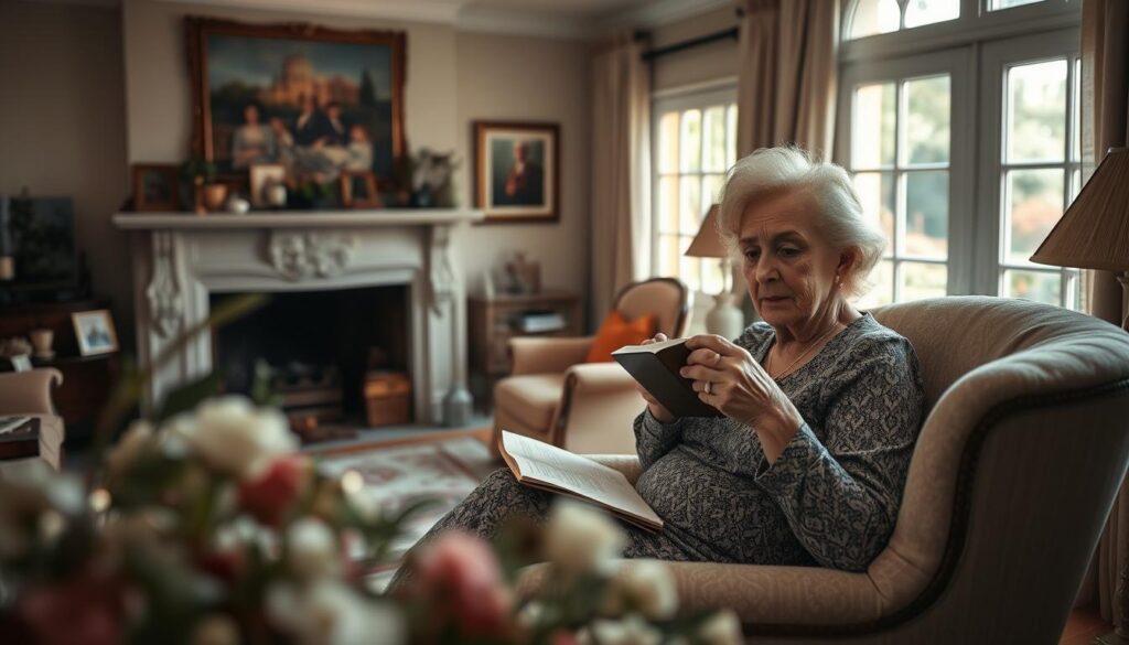 A cozy and intimate afternoon in the home of legendary Polish singer Maryla Rodowicz. In the foreground, Maryla relaxes in her favorite armchair, sipping tea and reading a book. Soft natural light filters through the large windows, casting a warm glow on her face. The middle ground reveals a tastefully decorated living room, filled with family photographs, antique furniture, and an ornate fireplace mantel. In the background, a glimpse of a lush garden beyond the French doors, hinting at the tranquil countryside setting of her home. The atmosphere is one of quiet contemplation and timeless elegance, reflecting Maryla's refined and sophisticated persona. A cozy and intimate afternoon in the home of legendary Polish singer Maryla Rodowicz. In the foreground, Maryla relaxes in her favorite armchair, sipping tea and reading a book. Soft natural light filters through the large windows, casting a warm glow on her face. The middle ground reveals a tastefully decorated living room, filled with family photographs, antique furniture, and an ornate fireplace mantel. In the background, a glimpse of a lush garden beyond the French doors, hinting at the tranquil countryside setting of her home. The atmosphere is one of quiet contemplation and timeless elegance, reflecting Maryla's refined and sophisticated persona.