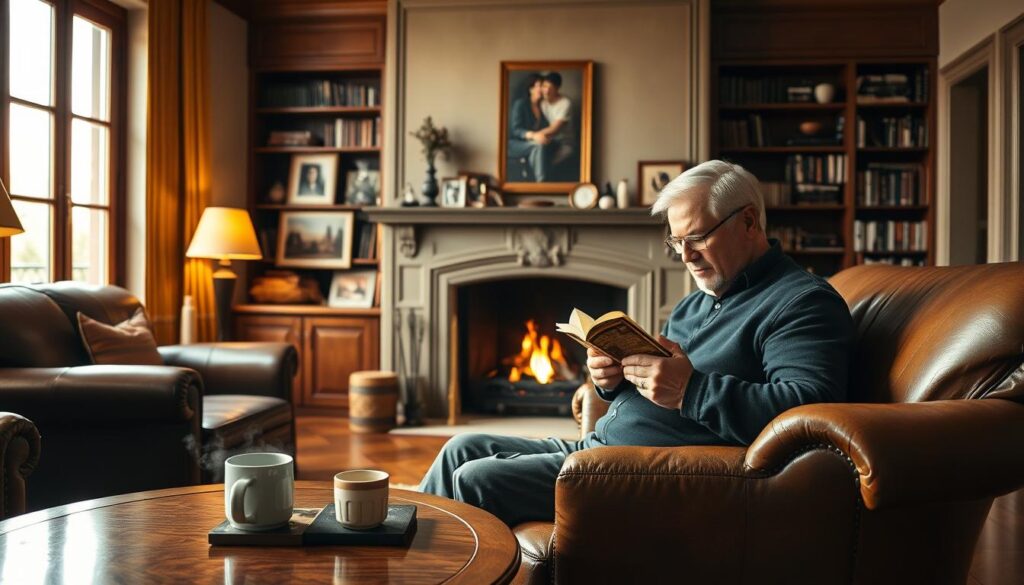 A cozy and intimate living room, filled with warm natural light from large windows. In the foreground, Marcin Bosacki relaxes on a plush leather armchair, lost in the pages of a book. A mug of steaming coffee sits on the polished wooden side table beside him. In the middle ground, a grand fireplace with a crackling fire casts a soft glow, illuminating framed family photos and personal mementos adorning the mantelpiece. The background reveals tasteful bookshelves lining the walls, hinting at Marcin's intellectual pursuits. The overall scene conveys a sense of tranquility and quiet contentment, reflecting the private side of this prominent public figure. A cozy and intimate living room, filled with warm natural light from large windows. In the foreground, Marcin Bosacki relaxes on a plush leather armchair, lost in the pages of a book. A mug of steaming coffee sits on the polished wooden side table beside him. In the middle ground, a grand fireplace with a crackling fire casts a soft glow, illuminating framed family photos and personal mementos adorning the mantelpiece. The background reveals tasteful bookshelves lining the walls, hinting at Marcin's intellectual pursuits. The overall scene conveys a sense of tranquility and quiet contentment, reflecting the private side of this prominent public figure.