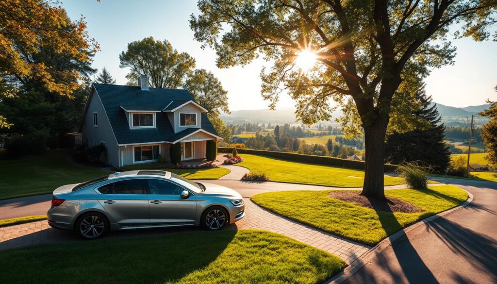 A cozy suburban neighborhood nestled in a lush, verdant landscape. A modern, two-story house with a well-manicured lawn and a spacious backyard. The front of the house is illuminated by warm, golden sunlight filtering through the trees, creating a serene, inviting atmosphere. In the foreground, a sleek, silver luxury sedan is parked in the driveway. The middle ground features a neatly paved walkway leading to the front door, flanked by well-tended flower beds. The background showcases a picturesque panorama of rolling hills, dotted with the occasional cluster of trees, all under a clear, blue sky. A cozy suburban neighborhood nestled in a lush, verdant landscape. A modern, two-story house with a well-manicured lawn and a spacious backyard. The front of the house is illuminated by warm, golden sunlight filtering through the trees, creating a serene, inviting atmosphere. In the foreground, a sleek, silver luxury sedan is parked in the driveway. The middle ground features a neatly paved walkway leading to the front door, flanked by well-tended flower beds. The background showcases a picturesque panorama of rolling hills, dotted with the occasional cluster of trees, all under a clear, blue sky.