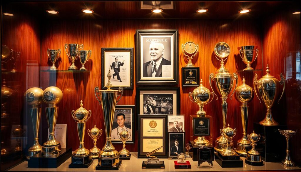 A display case filled with glittering awards, trophies, and memorabilia from the storied career of Zenek Martyniuk, Poland's beloved singer and entertainer. The case is illuminated by warm, dramatic lighting, casting a golden glow over the meticulously arranged collection. In the foreground, shiny statuettes and plaques capture Martyniuk's many accolades, while the middle ground showcases framed photographs and concert programs documenting his triumphs. The background features a luxurious, wood-paneled wall, lending an air of prestige and exclusivity to the display. The overall atmosphere evokes a sense of pride, achievement, and the remarkable legacy of this iconic Polish cultural figure. A display case filled with glittering awards, trophies, and memorabilia from the storied career of Zenek Martyniuk, Poland's beloved singer and entertainer. The case is illuminated by warm, dramatic lighting, casting a golden glow over the meticulously arranged collection. In the foreground, shiny statuettes and plaques capture Martyniuk's many accolades, while the middle ground showcases framed photographs and concert programs documenting his triumphs. The background features a luxurious, wood-paneled wall, lending an air of prestige and exclusivity to the display. The overall atmosphere evokes a sense of pride, achievement, and the remarkable legacy of this iconic Polish cultural figure.