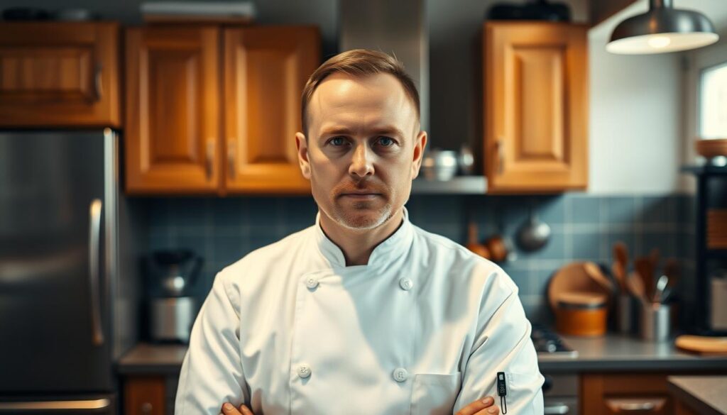 A formal portrait of Tomasz Strzelczyk, a renowned Polish chef, set against a backdrop of a cozy, well-equipped kitchen. In the foreground, Strzelczyk stands confidently, dressed in a crisp chef's uniform, his gaze direct and thoughtful. The middle ground features the gleaming stainless steel appliances, wooden cabinets, and a collection of cooking utensils, conveying Strzelczyk's passion for the culinary arts. The background is softly blurred, drawing the viewer's attention to the subject. The lighting is warm and inviting, creating a sense of professionalism and expertise. The overall composition and mood aim to capture the essence of Strzelczyk's biography as a renowned chef and culinary innovator.