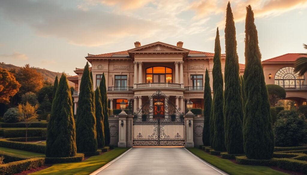 A grand, opulent villa nestled in the rolling hills, surrounded by lush, manicured gardens. The stately facade features intricate architectural details, with towering columns and ornate balconies. Large windows offer glimpses into the lavish interior, filled with plush furnishings and gleaming chandeliers. The driveway is lined with towering cypress trees, leading to an ornate wrought-iron gate. Warm, golden light bathes the scene, creating a sense of grandeur and luxury. The overall mood is one of affluence and refined elegance, befitting the residence of a prominent socialite. A grand, opulent villa nestled in the rolling hills, surrounded by lush, manicured gardens. The stately facade features intricate architectural details, with towering columns and ornate balconies. Large windows offer glimpses into the lavish interior, filled with plush furnishings and gleaming chandeliers. The driveway is lined with towering cypress trees, leading to an ornate wrought-iron gate. Warm, golden light bathes the scene, creating a sense of grandeur and luxury. The overall mood is one of affluence and refined elegance, befitting the residence of a prominent socialite.