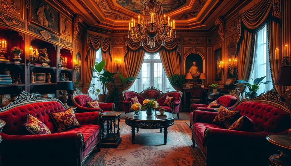 A lavish, opulent interior filled with elegant, ornate furnishings and decor. The room is bathed in warm, golden lighting, creating a cozy, inviting atmosphere. Plush, velvet-upholstered furniture in rich, jewel-toned colors, adorned with intricate embroidery and tassels. Ornate, gilded accents on the walls, shelves, and tables, reflecting the light. Lush, flowing curtains frame the windows, adding to the sense of luxury. The floors are covered in a delicate, patterned rug. Plants and fresh flowers add pops of natural greenery throughout the space. The overall impression is one of refined, sophisticated style and opulence. A lavish, opulent interior filled with elegant, ornate furnishings and decor. The room is bathed in warm, golden lighting, creating a cozy, inviting atmosphere. Plush, velvet-upholstered furniture in rich, jewel-toned colors, adorned with intricate embroidery and tassels. Ornate, gilded accents on the walls, shelves, and tables, reflecting the light. Lush, flowing curtains frame the windows, adding to the sense of luxury. The floors are covered in a delicate, patterned rug. Plants and fresh flowers add pops of natural greenery throughout the space. The overall impression is one of refined, sophisticated style and opulence.