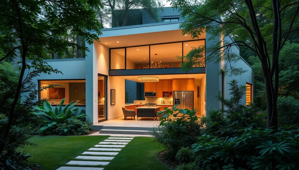 A modern, well-appointed home nestled in a lush, verdant setting. The exterior features a sleek, minimalist design with clean lines and large windows that flood the interior with natural light. The entryway opens to a spacious living room with high ceilings and a comfortable seating area. In the background, a state-of-the-art kitchen gleams with stainless steel appliances and contemporary cabinetry. Abundant greenery and foliage surround the property, creating a peaceful, secluded atmosphere. Subtle, warm lighting sets the mood, and the entire scene conveys a sense of understated luxury and tasteful sophistication - the perfect private sanctuary for a prominent YouTuber. A modern, well-appointed home nestled in a lush, verdant setting. The exterior features a sleek, minimalist design with clean lines and large windows that flood the interior with natural light. The entryway opens to a spacious living room with high ceilings and a comfortable seating area. In the background, a state-of-the-art kitchen gleams with stainless steel appliances and contemporary cabinetry. Abundant greenery and foliage surround the property, creating a peaceful, secluded atmosphere. Subtle, warm lighting sets the mood, and the entire scene conveys a sense of understated luxury and tasteful sophistication - the perfect private sanctuary for a prominent YouTuber.