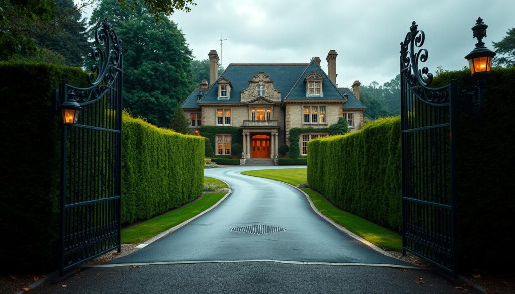 A stately manor nestled in a lush, verdant landscape, its elegant facade exuding an air of exclusivity. The ornate wrought-iron gates open to a winding driveway, leading the eye towards the grand, two-story structure. Tall, manicured hedges line the perimeter, creating a sense of privacy and seclusion. The building's striking architectural features, such as the symmetrical windows and ornamental stonework, are illuminated by warm, diffused lighting, casting soft shadows that accentuate the property's grandeur. A subtle, opulent atmosphere pervades the scene, hinting at the luxurious lifestyle within. A stately manor nestled in a lush, verdant landscape, its elegant facade exuding an air of exclusivity. The ornate wrought-iron gates open to a winding driveway, leading the eye towards the grand, two-story structure. Tall, manicured hedges line the perimeter, creating a sense of privacy and seclusion. The building's striking architectural features, such as the symmetrical windows and ornamental stonework, are illuminated by warm, diffused lighting, casting soft shadows that accentuate the property's grandeur. A subtle, opulent atmosphere pervades the scene, hinting at the luxurious lifestyle within.