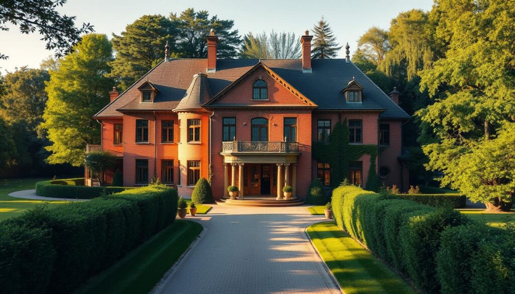 A stately manor nestled in the lush, verdant gardens of Konstancin-Jeziorna, the grand residence of Polish icon Maryla Rodowicz. Brick facade gleams in the soft, golden light, intricate architectural details and ornate chimneys adding to the home's timeless elegance. Sprawling lawns and towering trees surround the estate, creating a serene, secluded atmosphere. Elegantly-trimmed hedgerows line the winding driveway leading to the home's impressive entrance, double wooden doors opening into a foyer filled with antique furnishings and historical artworks. Through the windows, glimpses of cozy, well-appointed interiors rich with character and the trappings of a life well-lived. A stately manor nestled in the lush, verdant gardens of Konstancin-Jeziorna, the grand residence of Polish icon Maryla Rodowicz. Brick facade gleams in the soft, golden light, intricate architectural details and ornate chimneys adding to the home's timeless elegance. Sprawling lawns and towering trees surround the estate, creating a serene, secluded atmosphere. Elegantly-trimmed hedgerows line the winding driveway leading to the home's impressive entrance, double wooden doors opening into a foyer filled with antique furnishings and historical artworks. Through the windows, glimpses of cozy, well-appointed interiors rich with character and the trappings of a life well-lived.