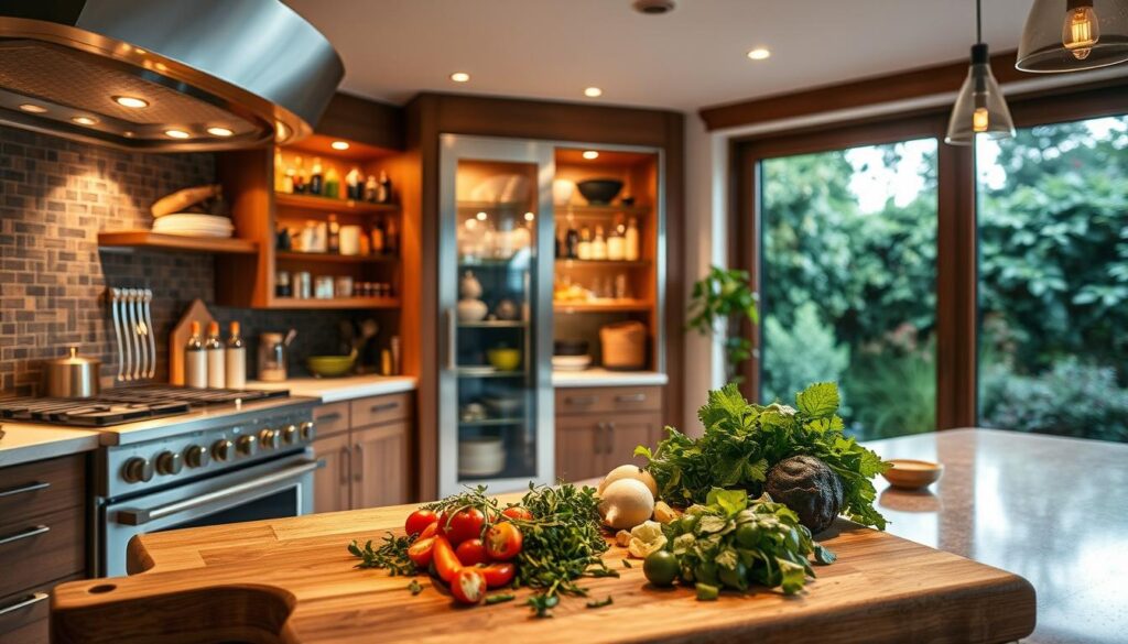A stylish yet homey kitchen filled with the aromas of Tomasz Strzelczyk's signature culinary creations. Warm lighting casts a cozy glow over the space, accentuating the gleaming stainless steel appliances and wooden accents. In the foreground, a cutting board is adorned with freshly chopped herbs and vegetables, hinting at the chef's meticulous attention to detail. The middle ground showcases a well-stocked pantry, its shelves lined with an array of gourmet ingredients. In the background, a large window overlooks a lush, verdant garden, creating a serene and inspirational atmosphere. The scene exudes Tomasz Strzelczyk's signature blend of sophistication and homely comfort, reflecting his unique culinary style.