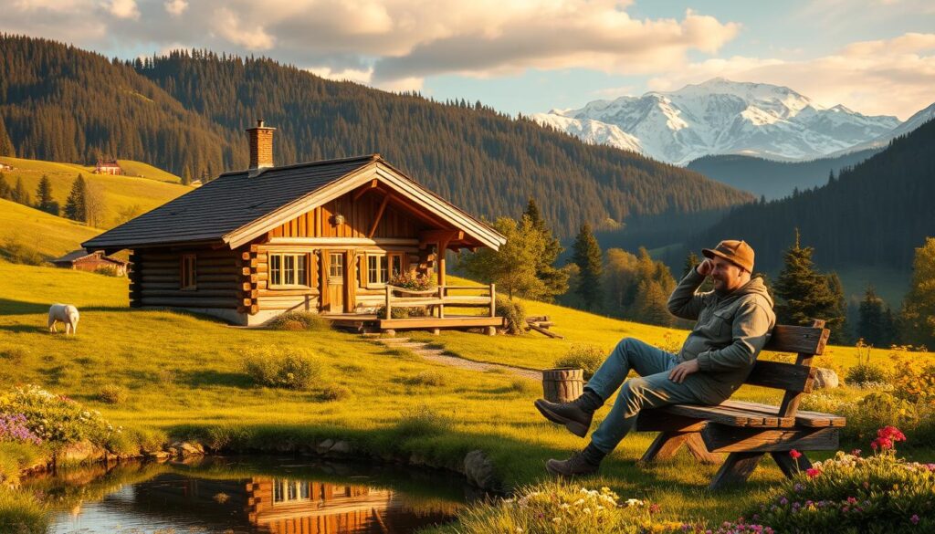 Stunningly detailed landscape showcasing the serene, rustic lifestyle of Adam Małysz in the picturesque town of Wisła. A cozy, timber-framed chalet nestled amidst lush, rolling hills, bathed in warm, golden sunlight. In the foreground, a well-manicured garden dotted with vibrant wildflowers, a tranquil pond reflecting the surrounding natural beauty. Małysz, clad in casual, outdoor attire, relaxes on a wooden bench, enjoying the peaceful atmosphere. In the distance, the iconic Beskidy Mountains loom, their snow-capped peaks adding to the serene, alpine ambiance. Warm, earthy tones and a soft, nostalgic mood evoke a sense of rustic charm and the idyllic, nature-inspired lifestyle of this legendary ski jumper.