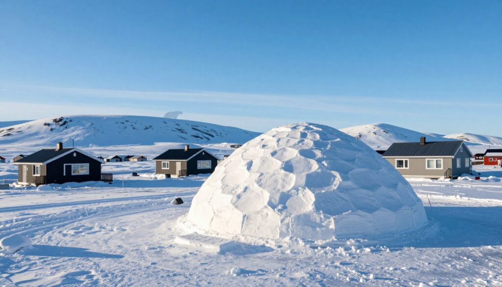 A beautifully crafted igloo made of pristine white snow, prominently displayed in the foreground. Nearby, small Inuit-style homes made of modern materials blend harmoniously with the icy landscape, highlighting the evolution of Inuit housing. In the middle ground, a serene Arctic scene showcases snow-covered hills and the distant silhouette of a polar bear, reflecting the wildlife of the region. The background features a brilliant blue sky illuminated by soft sunlight, casting gentle shadows on the igloo and surroundings. Capture the tranquil atmosphere of the Arctic, evoking a sense of harmony between traditional and contemporary Inuit life. Use a wide-angle lens to create depth and highlight the vastness of the snowy environment.