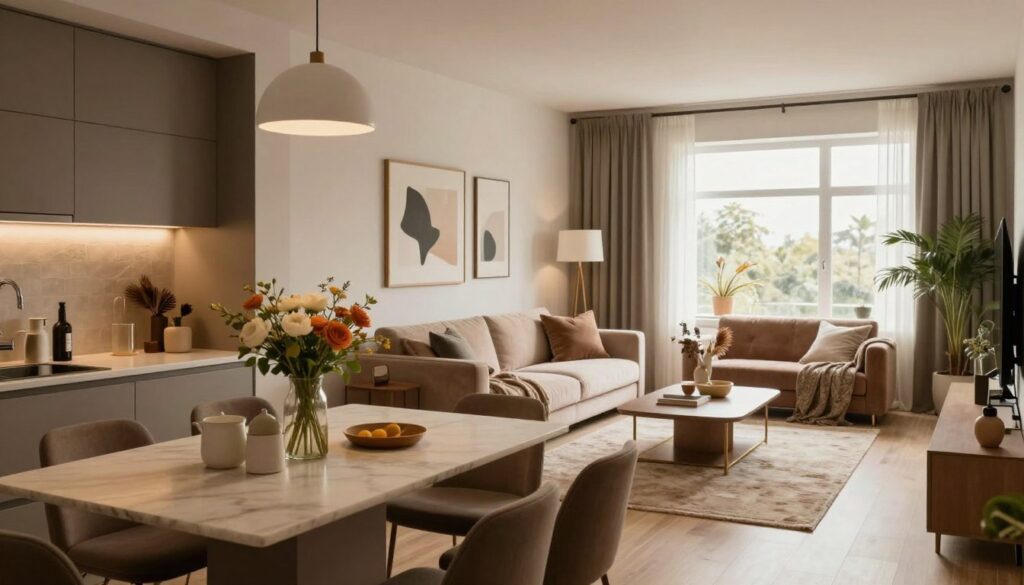 A beautifully styled modern living space, showcasing the interior of a home reminiscent of Katarzyna Dowbor’s aesthetic. In the foreground, a cozy and inviting kitchen with sleek cabinetry, a large dining table adorned with fresh flowers, and stylish kitchenware. The middle ground features a tastefully decorated living room, with a plush sofa, elegant coffee table, and artistic decor that reflects personal touches. The background includes large windows allowing natural light to flood the space, illuminating warm earth tones and luxurious textures. Capture the mood as serene and sophisticated, highlighting comfort and elegance. Use a soft focus lens with warm lighting to enhance the inviting atmosphere, and emphasize the details in furnishings and layout to create an intimate and stylish representation. A beautifully styled modern living space, showcasing the interior of a home reminiscent of Katarzyna Dowbor’s aesthetic. In the foreground, a cozy and inviting kitchen with sleek cabinetry, a large dining table adorned with fresh flowers, and stylish kitchenware. The middle ground features a tastefully decorated living room, with a plush sofa, elegant coffee table, and artistic decor that reflects personal touches. The background includes large windows allowing natural light to flood the space, illuminating warm earth tones and luxurious textures. Capture the mood as serene and sophisticated, highlighting comfort and elegance. Use a soft focus lens with warm lighting to enhance the inviting atmosphere, and emphasize the details in furnishings and layout to create an intimate and stylish representation.