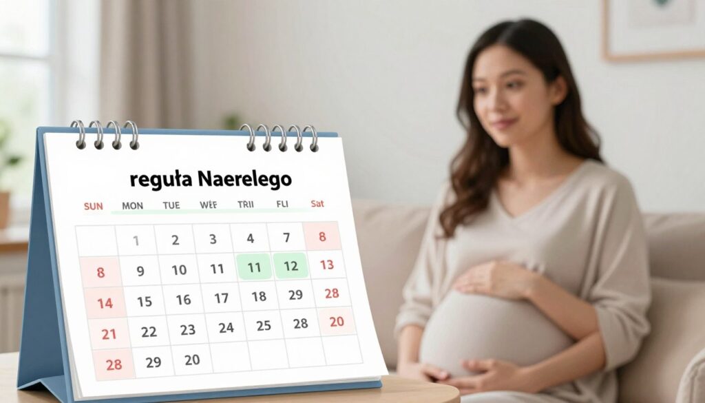 A carefully arranged illustration of "reguła Naegelego" featuring a visual representation of the Naegelege rule for calculating pregnancy weeks. In the foreground, a detailed, open calendar with marked dates, highlighting ovulation and due dates. In the middle ground, a soft-focus image of a pregnant woman in modest clothing, looking towards the calendar with a thoughtful expression. The background includes a serene home setting with natural light filtering through a window, creating a calming atmosphere. A subtle color palette of soft pastels enhances the mood. Use a shallow depth of field to ensure the focus remains on the calendar and the woman, conveying a sense of anticipation and hope.