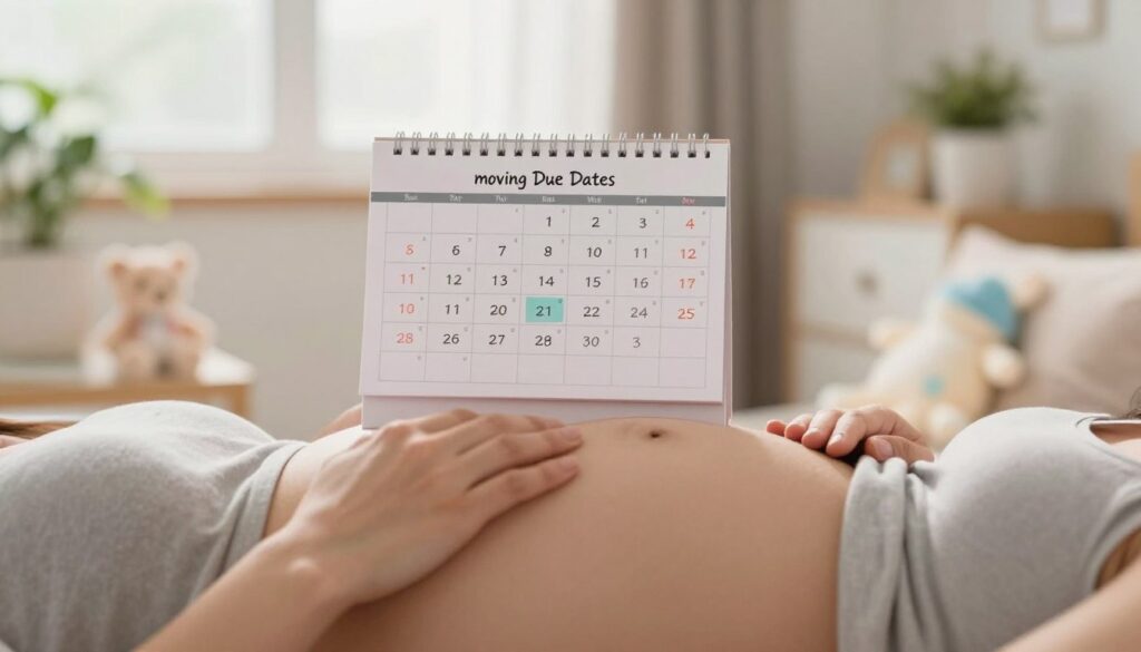A close-up image of a pregnant woman in a cozy, softly lit room, depicting the uncertainty and nuances around due dates. The foreground features her hands gently resting on her round belly, symbolizing expectation and tenderness. In the middle, a calendar with handwritten notes and markers indicating fluctuating dates, representing the 'moving' due dates concept. The background softly fades into a serene space with gentle decorations, such as baby items and plants, creating a warm, inviting atmosphere. Natural light streams through a window, casting a gentle glow, enhancing the emotional mood of anticipation and contemplation. Shot with a shallow depth of field to keep focus on the mother-to-be and the calendar while creating a dreamy ambiance.