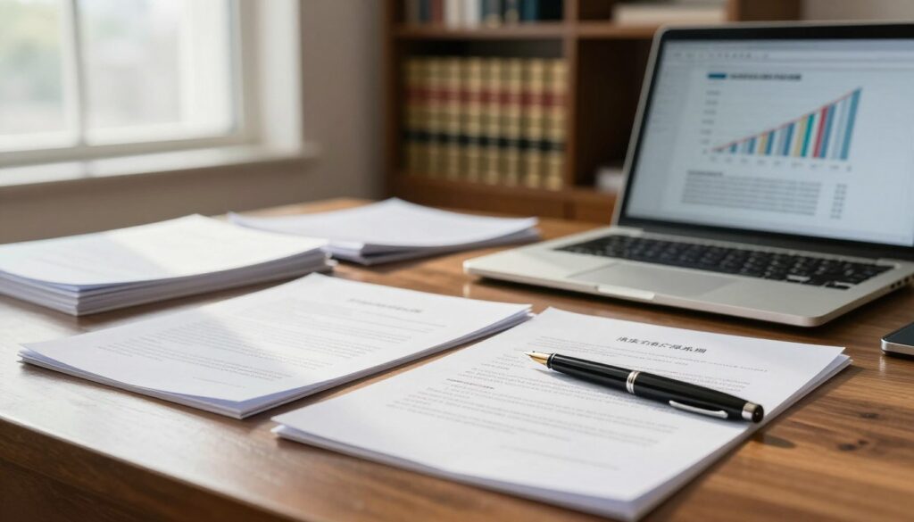 A close-up scene depicting official documents related to real estate transactions, featuring a polished wooden desk in a well-lit office environment. The foreground details include neatly stacked papers, a sleek fountain pen, and a modern laptop. In the middle ground, blurred legal files and an open laptop screen displaying graphs and charts of property value changes. The background showcases a bookshelf filled with law books, conveying an atmosphere of professionalism and authority. Natural lighting filters through a large window, casting soft shadows that create a serious and contemplative mood. The overall composition emphasizes a sense of transparency and organization, suitable for discussions about public declarations and property ownership changes.