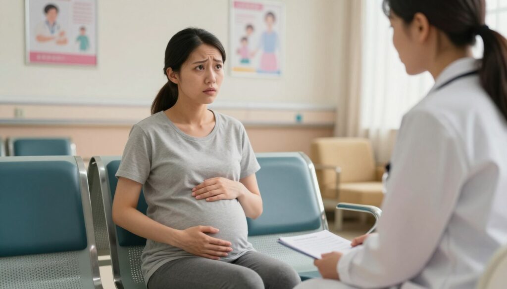 A concerned pregnant woman, dressed in modest casual clothing, sits in a hospital waiting room. She has a worried expression on her face, gently placing her hand on her abdomen, indicating she’s seeking medical help. The background shows a softly lit hospital environment with calming colors, featuring comforting seating and medical posters on the walls. The foreground includes a nurse or doctor in professional attire, who is approaching the woman with a reassuring demeanor. Soft, warm lighting enhances the atmosphere, creating a sense of safety and care. The perspective is slightly angled to capture both the woman’s expression and the approaching medical professional, evoking a mix of concern and hope.