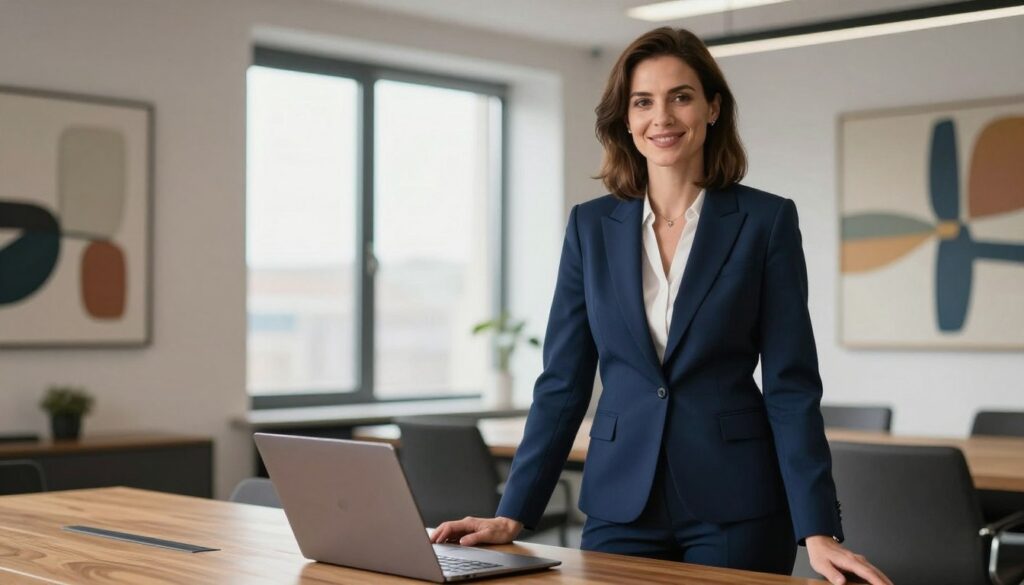 A confident woman in her late 30s, Joanna Maria Żamojdo, stands in a modern office space with contemporary design elements. She is dressed in a tailored navy-blue suit, exuding professionalism and diligence. Her shoulder-length brown hair is neatly styled, and she has a warm smile that radiates approachability. In the foreground, she is leaning slightly on a sleek wooden desk, with a laptop opened beside her, suggesting a dynamic work environment. The middle ground features a large window with natural light pouring in, illuminating the room and casting soft shadows. In the background, you can see abstract art on the walls, representing creativity and innovation. The overall mood is inspiring and empowering, reflecting her career focus on mobility and respect for privacy.
