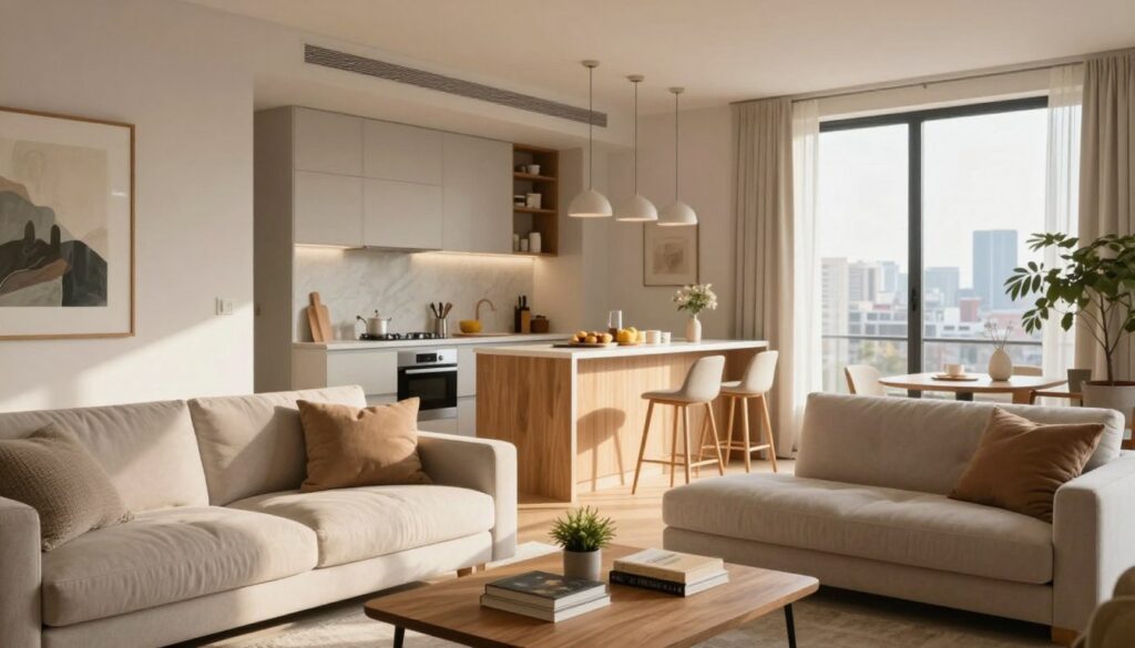 A cozy and elegant modern apartment interior, elegantly decorated with soft neutral colors and warm wooden accents. In the foreground, a stylish living room features a plush sofa, a coffee table adorned with books and a small plant, and a tasteful piece of art on the wall. In the middle, a bright kitchen with an inviting breakfast bar and sleek appliances flows into the living space. Natural light streams in through large windows, creating a warm and inviting atmosphere. In the background, glimpses of the city skyline are visible outside, applied through a soft focus, adding context without detracting from the apartment’s coziness. The scene should evoke a sense of comfort, tranquility, and sophistication, perfect for an article exploring the subtleties of private and public life. A cozy and elegant modern apartment interior, elegantly decorated with soft neutral colors and warm wooden accents. In the foreground, a stylish living room features a plush sofa, a coffee table adorned with books and a small plant, and a tasteful piece of art on the wall. In the middle, a bright kitchen with an inviting breakfast bar and sleek appliances flows into the living space. Natural light streams in through large windows, creating a warm and inviting atmosphere. In the background, glimpses of the city skyline are visible outside, applied through a soft focus, adding context without detracting from the apartment’s coziness. The scene should evoke a sense of comfort, tranquility, and sophistication, perfect for an article exploring the subtleties of private and public life.