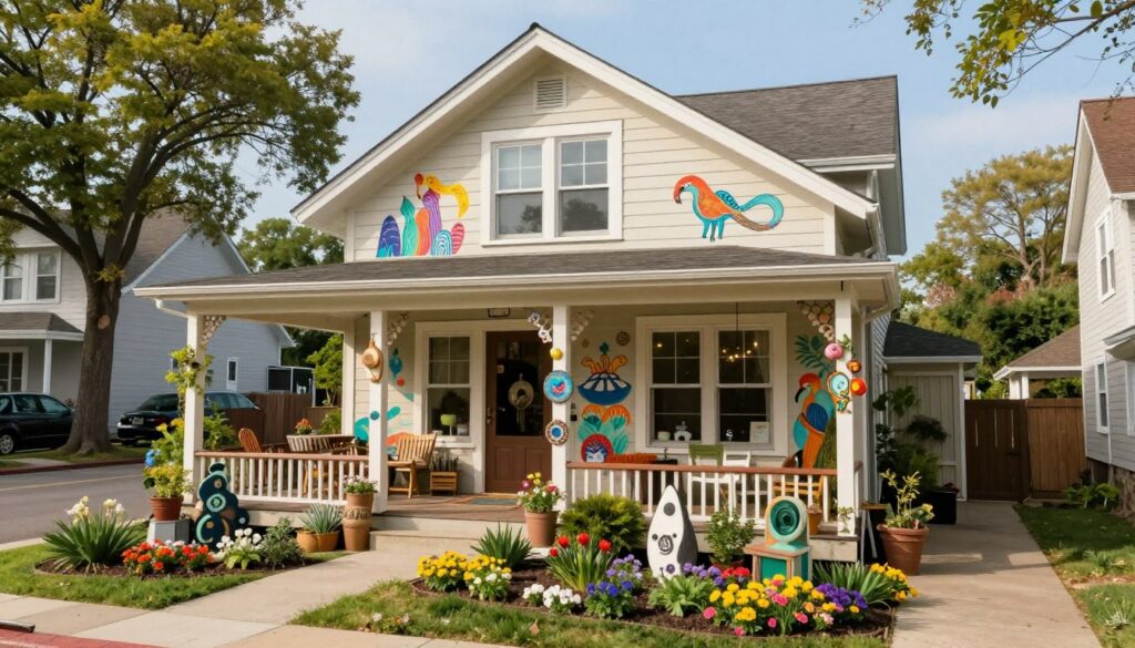 A cozy artist's home nestled in a serene neighborhood, showcasing a charming facade with large windows and artistic murals. In the foreground, a small, inviting garden filled with vibrant flowers and unique sculptures. The middle ground features a spacious porch adorned with artistic decorations, hinting at the creative spirit within. The background presents a quiet street lined with leafy trees under a clear blue sky, casting soft, natural light across the scene. The atmosphere is warm and welcoming, suggesting a place of inspiration and tranquility. Capture the image from a slightly elevated angle to provide a sense of depth and view of the surroundings, emphasizing the harmony between the home and the artistic nature of its owner.