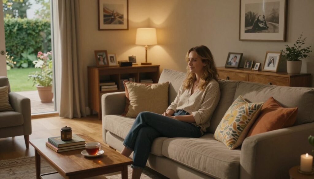 A cozy, inviting living room that reflects the personality of Anna Seniuk, the renowned actress. In the foreground, a well-decorated, comfortable sofa adorned with colorful pillows, alongside a small wooden coffee table with books and a cup of tea. In the middle ground, a warm, softly-lit space filled with personal touches such as family photos and artistic décor. The walls showcase warm tones, with soft lighting creating a welcoming ambiance. In the background, a view of a garden through large windows, hinting at a tranquil outdoor setting. The atmosphere is serene and personal, evoking a sense of home and comfort. Use natural lighting to illuminate the room, creating gentle shadows that enhance the coziness. Capture the scene from a slightly elevated angle to include both the living space and the garden view.
