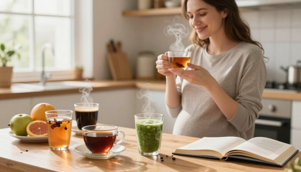 A cozy kitchen setting where a pregnant woman in modest casual attire is exploring healthy alternatives to coffee. In the foreground, a wooden table displays various caffeine-free beverages like herbal teas, chicory coffee, and a colorful fruit smoothie, all meticulously arranged. The middle ground features the woman, with a gentle smile, holding a steaming herbal tea cup, surrounded by fresh fruits and an open recipe book. In the background, warm sunlight filters through a window, creating a soft and inviting atmosphere. The lighting is natural and bright, enhancing the tranquil feel of the scene. The overall mood is calm and nurturing, reflecting a healthy lifestyle during pregnancy.