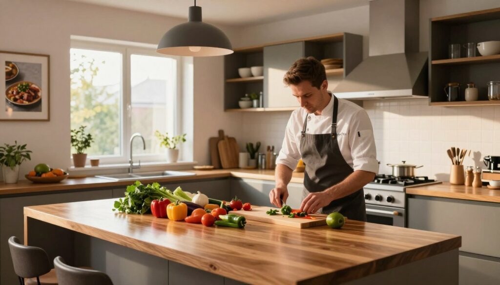A cozy, modern kitchen showcasing Karol Okrasa's culinary workspace. In the foreground, a polished wooden island is adorned with fresh ingredients like colorful vegetables and herbs, reflecting his passion for cooking. In the middle ground, sleek cabinets filled with kitchenware and an elegant gas stove can be seen, while a large window in the background bathes the space in warm, natural light, creating a bright and inviting atmosphere. The kitchen’s decor combines contemporary design with personal touches, such as framed photographs of food art on the walls and a low-hanging pendant light casting soft shadows. The overall mood is warm and inspirational, inviting viewers into the day-to-day life of a chef in his culinary haven.