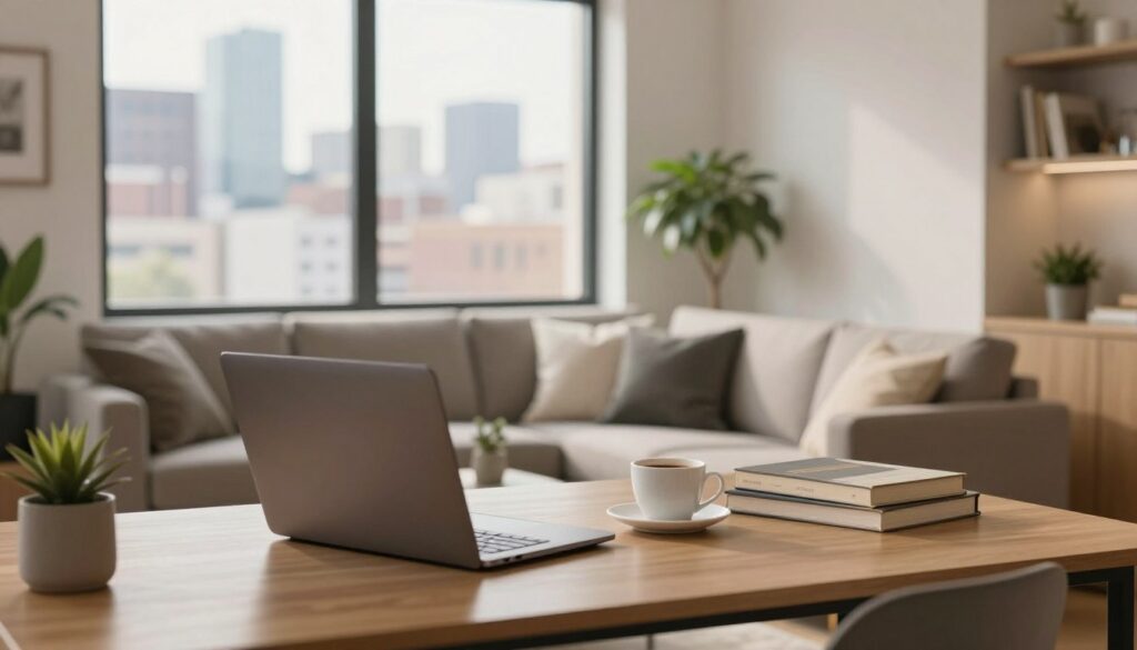 A cozy, modern residential apartment in an urban setting, showcasing a well-organized living space that reflects a professional lifestyle. In the foreground, a neatly arranged desk with a laptop, books, and a coffee cup, symbolizing work and focus. In the middle, a comfortable sofa with decorative pillows and a small indoor plant, adding warmth to the environment. The background features large windows with natural light streaming in, revealing a city skyline, indicating an active social life. Use soft, warm lighting to create an inviting atmosphere. The scene conveys a sense of community and professionalism, suitable for illustrating social and career contexts. A cozy, modern residential apartment in an urban setting, showcasing a well-organized living space that reflects a professional lifestyle. In the foreground, a neatly arranged desk with a laptop, books, and a coffee cup, symbolizing work and focus. In the middle, a comfortable sofa with decorative pillows and a small indoor plant, adding warmth to the environment. The background features large windows with natural light streaming in, revealing a city skyline, indicating an active social life. Use soft, warm lighting to create an inviting atmosphere. The scene conveys a sense of community and professionalism, suitable for illustrating social and career contexts.