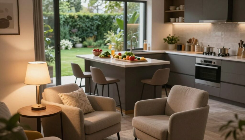 A cozy, private living space that embodies tranquility and security, featuring a well-designed, modern interior. In the foreground, a comfortable reading nook with a soft armchair and a small side table, adorned with a warm lamp that casts a gentle glow. The middle ground showcases a stylish kitchen area, complete with fresh ingredients artfully arranged, hinting at culinary creativity. In the background, large windows reveal a serene garden filled with greenery, allowing soft, natural light to filter in. The atmosphere is calm and inviting, reflecting the essence of privacy and safety for a public figure. The image should be captured with a slightly elevated angle, focusing on the warmth and homeliness of the environment, evoking a sense of comfort and professionalism.