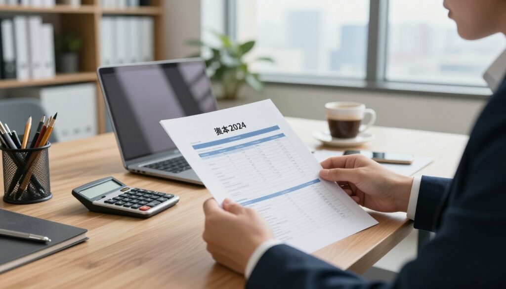 A detailed financial statement document for the year 2024, featuring neatly organized sections on income, savings, and assets. In the foreground, a person dressed in professional business attire is reviewing the document, sitting at a modern wooden desk cluttered with office supplies. The middle ground showcases a laptop, a calculator, and a cup of coffee, indicating a focused work environment. In the background, a well-lit office space with bookshelves and a large window displaying a cityscape creates a professional yet inviting atmosphere. The scene is bathed in soft natural light, enhancing the seriousness of financial planning. The mood is professional and contemplative, focusing on financial transparency and responsibility.