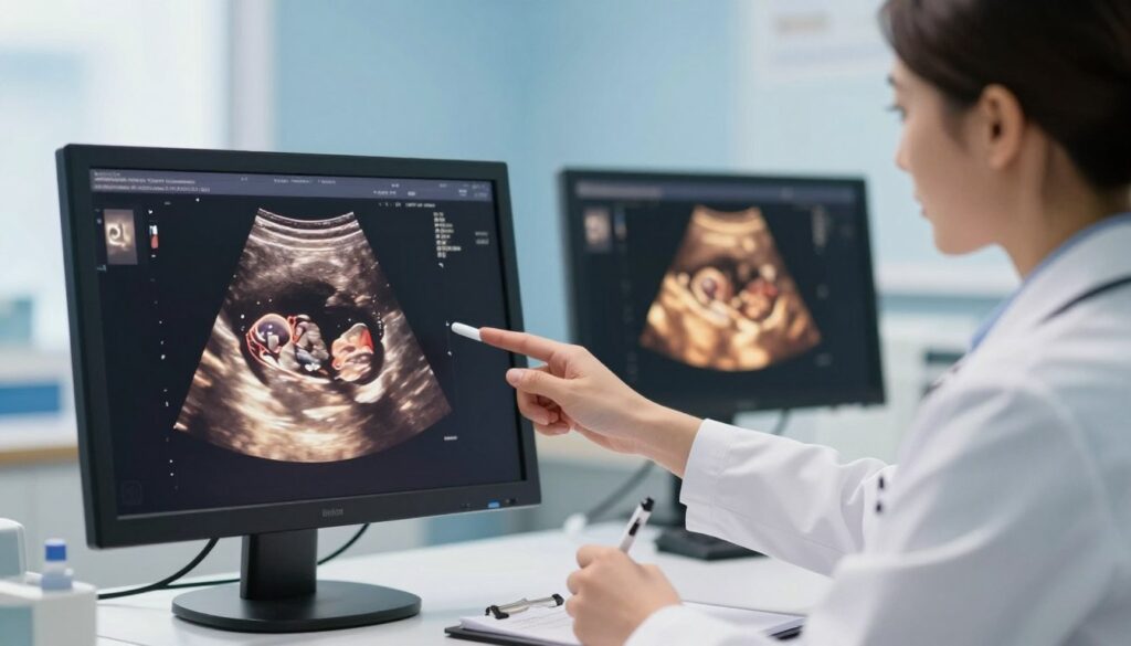 A detailed illustration of "The nub theory" highlighting a 12-week ultrasound image of a human fetus in professional medical style. The foreground features a clear and vibrant ultrasound scan, showcasing the nub, which is the potential genital protrusion, with labeled anatomical markers. In the middle ground, a medical professional in a white lab coat observes the ultrasound, taking notes while pointing to the screen with a stylus, indicating a clinical approach. The background consists of a soft-focus medical office with calming blue walls, a monitor displaying standard fetal images, and gentle, diffused lighting that creates a warm and informative atmosphere. The overall mood is educational and reassuring, emphasizing the scientific process of determining fetal gender through ultrasound imaging. A detailed illustration of "The nub theory" highlighting a 12-week ultrasound image of a human fetus in professional medical style. The foreground features a clear and vibrant ultrasound scan, showcasing the nub, which is the potential genital protrusion, with labeled anatomical markers. In the middle ground, a medical professional in a white lab coat observes the ultrasound, taking notes while pointing to the screen with a stylus, indicating a clinical approach. The background consists of a soft-focus medical office with calming blue walls, a monitor displaying standard fetal images, and gentle, diffused lighting that creates a warm and informative atmosphere. The overall mood is educational and reassuring, emphasizing the scientific process of determining fetal gender through ultrasound imaging.
