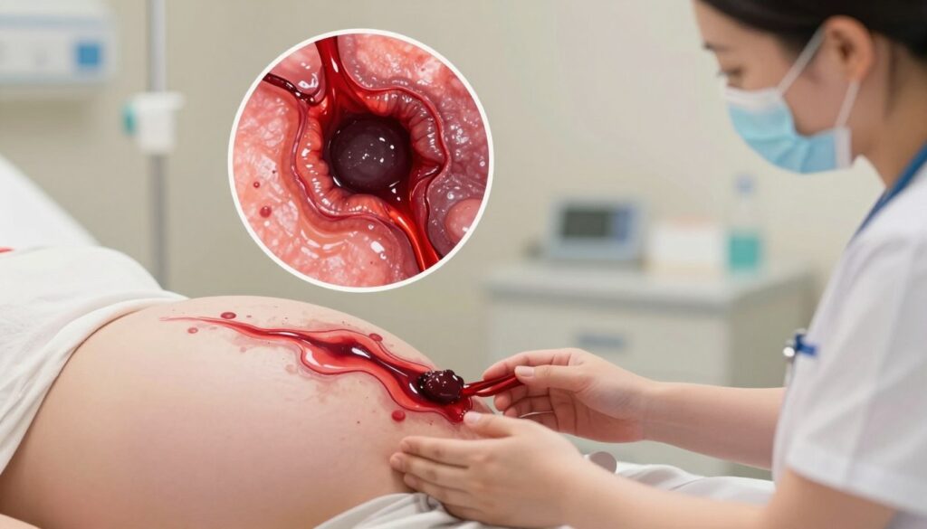 A detailed illustration showcasing the visual characteristics of bleeding after the rupture of a hematoma during pregnancy. In the foreground, depict a healthcare professional in modest professional attire examining a gentle, abstract representation of blood flow, with shades of deep red and light crimson emphasizing the nature of the bleeding. In the middle layer, include a close-up view of the affected area, focusing on textures and colors that highlight the transition from a hematoma to active bleeding, maintaining a clinical and respectful approach. The background should consist of soft, muted hospital colors, creating a calm and sterile atmosphere. Use soft, natural lighting to highlight details, and a photographic lens angle that evokes sensitivity and professionalism. The overall mood should be informative and serious, aiming to educate while maintaining a respectful depiction of the subject matter. A detailed illustration showcasing the visual characteristics of bleeding after the rupture of a hematoma during pregnancy. In the foreground, depict a healthcare professional in modest professional attire examining a gentle, abstract representation of blood flow, with shades of deep red and light crimson emphasizing the nature of the bleeding. In the middle layer, include a close-up view of the affected area, focusing on textures and colors that highlight the transition from a hematoma to active bleeding, maintaining a clinical and respectful approach. The background should consist of soft, muted hospital colors, creating a calm and sterile atmosphere. Use soft, natural lighting to highlight details, and a photographic lens angle that evokes sensitivity and professionalism. The overall mood should be informative and serious, aiming to educate while maintaining a respectful depiction of the subject matter.