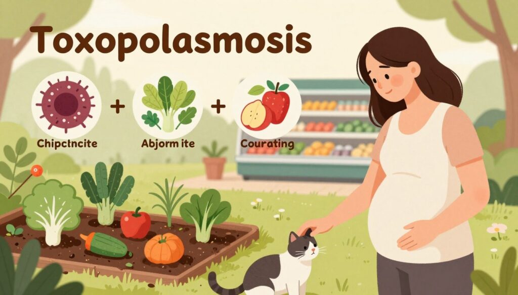 A detailed illustration showing the various ways of contracting Toxoplasmosis, set against a soft-focus, natural environment. In the foreground, depict a healthy pregnant woman gently touching a cat, symbolizing one of the transmission routes. She is dressed in modest, casual attire. In the middle ground, include a garden scene with soil and vegetables, illustrating the risk of transmission through contaminated food. Feature a subtle representation of a grocery store in the background, highlighting the importance of proper food handling. Use warm, natural lighting to create an inviting and informative atmosphere. The composition should maintain a professional, educational tone, with clear focus on safe practices and awareness. A detailed illustration showing the various ways of contracting Toxoplasmosis, set against a soft-focus, natural environment. In the foreground, depict a healthy pregnant woman gently touching a cat, symbolizing one of the transmission routes. She is dressed in modest, casual attire. In the middle ground, include a garden scene with soil and vegetables, illustrating the risk of transmission through contaminated food. Feature a subtle representation of a grocery store in the background, highlighting the importance of proper food handling. Use warm, natural lighting to create an inviting and informative atmosphere. The composition should maintain a professional, educational tone, with clear focus on safe practices and awareness.