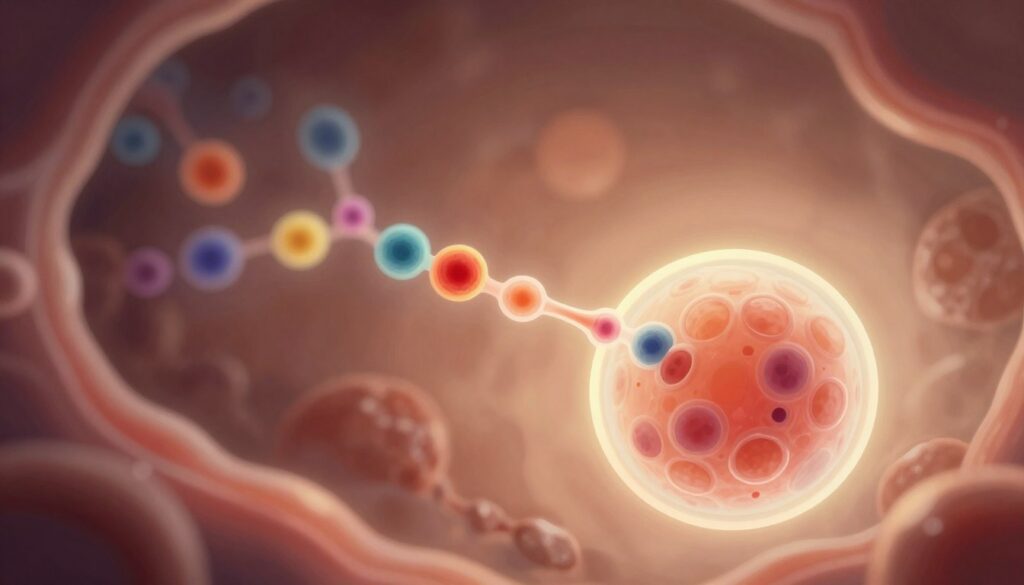 A detailed scientific illustration of the biological processes in the first week after conception. In the foreground, a microscopic view of a fertilized egg is depicted, showcasing its cellular structure, surrounded by a soft glow that emphasizes its significance. In the middle ground, an abstract representation of early embryonic development, with a focus on cell division and growth, rendered in vivid colors to indicate vitality. The background features subtle hints of a uterine environment, with textures and shades that suggest a nurturing atmosphere. The lighting is soft and warm, illuminating the scene from above, creating a sense of hope and new beginnings. The overall mood is enlightening and serene, focusing on the miracle of life without any human figures or text elements. A detailed scientific illustration of the biological processes in the first week after conception. In the foreground, a microscopic view of a fertilized egg is depicted, showcasing its cellular structure, surrounded by a soft glow that emphasizes its significance. In the middle ground, an abstract representation of early embryonic development, with a focus on cell division and growth, rendered in vivid colors to indicate vitality. The background features subtle hints of a uterine environment, with textures and shades that suggest a nurturing atmosphere. The lighting is soft and warm, illuminating the scene from above, creating a sense of hope and new beginnings. The overall mood is enlightening and serene, focusing on the miracle of life without any human figures or text elements.