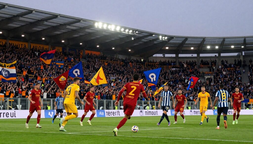 A dynamic scene depicting the rhythm of a football season, showcasing famous stadiums of AS Roma, Inter Milan, and Atalanta in a seamless montage. In the foreground, a vibrant football match with players in crisp, colorful kits, demonstrating intensity and teamwork. The middle ground features enthusiastic fans waving flags and cheering, capturing the essence of club spirit. The background includes iconic architecture of the stadiums under a twilight sky, with ecstatic crowds illuminated by soft stadium lights. Use a slight low-angle shot to emphasize the players’ movement and passion. The atmosphere is electric and lively, reflecting both competition and camaraderie in the world of football, evoking a sense of dedication and excitement associated with a football season.