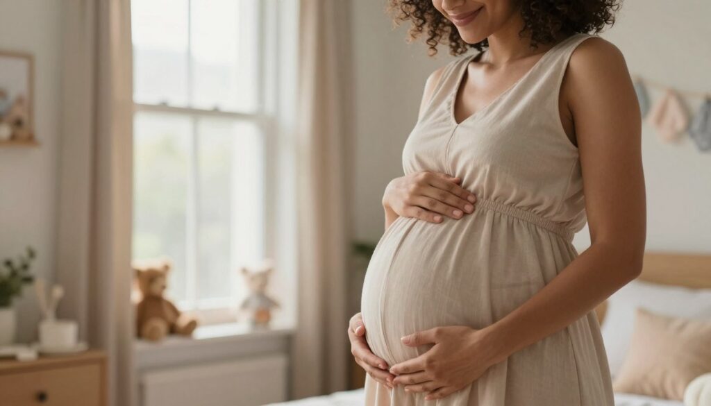 A gentle and informative depiction of a pregnant woman in a serene setting, focusing on the shape and size of her baby bump. The foreground features a diverse expectant mother, wearing a simple, elegant dress, standing gracefully with her hands cradling her belly. Her expression is calm and joyful, reflecting the beauty of pregnancy. In the middle ground, a softly lit, cozy room filled with natural light streaming through a window, creating a warm atmosphere. In the background, tasteful decorations of baby items and soft-colored fabrics subtly enhance the scene without distraction. The overall mood is uplifting and nurturing, emphasizing the natural beauty and uniqueness of pregnancy shapes. The perspective is slightly angled, capturing both the mother and her surroundings harmoniously.