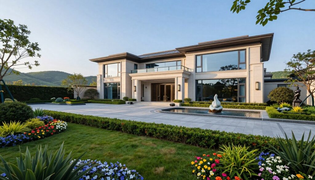 A grand ministerial estate, featuring an elegant, modern architectural design with large glass windows reflecting the surrounding landscape. In the foreground, a well-manicured garden with diverse flora, including colorful flowers and neatly trimmed hedges. The middle ground showcases a spacious driveway leading to the entrance, flanked by ornamental sculptures and a stylish water feature. In the background, a serene view of gently rolling hills under a clear blue sky, with soft sunlight illuminating the scene. The atmosphere conveys a sense of sophistication and tranquility, inviting viewers to explore the refined elegance of the property. The angle is slightly elevated, capturing the estate in its entirety while emphasizing its grandeur and allure.