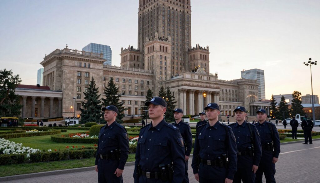 A grand view of the Presidential Palace in Warsaw, Poland, illuminated by the soft glow of early evening light. In the foreground, a team of uniformed security personnel stands alert, showcasing their professionalism with stern yet focused expressions. The middle ground features the majestic architecture of the palace, with its classical design and well-manicured gardens. In the background, the city skyline subtly fades away, blending with the warm hues of sunset. The atmosphere conveys a sense of safety and vigilance, with shadows enhancing the building's grandeur. The scene is captured from a slightly low angle, emphasizing the imposing structure while maintaining a harmonious balance in the composition.