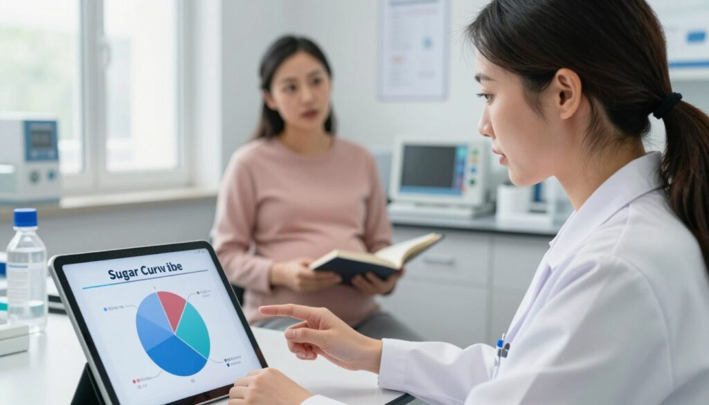 A laboratory setting featuring a close-up of a female medical professional, dressed in a white lab coat, attentively explaining the concept of the sugar curve during pregnancy. In the foreground, a pie chart or graphical representation of blood glucose levels is displayed prominently on a tablet. The middle ground showcases a pregnant woman seated comfortably, with a look of focus and curiosity, while holding a notebook. The background is filled with medical charts and scientific equipment, softly illuminated by natural light from a nearby window, creating a warm and educational atmosphere. The overall mood is informative and supportive, emphasizing the importance of understanding the sugar curve for maternal and fetal health. A laboratory setting featuring a close-up of a female medical professional, dressed in a white lab coat, attentively explaining the concept of the sugar curve during pregnancy. In the foreground, a pie chart or graphical representation of blood glucose levels is displayed prominently on a tablet. The middle ground showcases a pregnant woman seated comfortably, with a look of focus and curiosity, while holding a notebook. The background is filled with medical charts and scientific equipment, softly illuminated by natural light from a nearby window, creating a warm and educational atmosphere. The overall mood is informative and supportive, emphasizing the importance of understanding the sugar curve for maternal and fetal health.