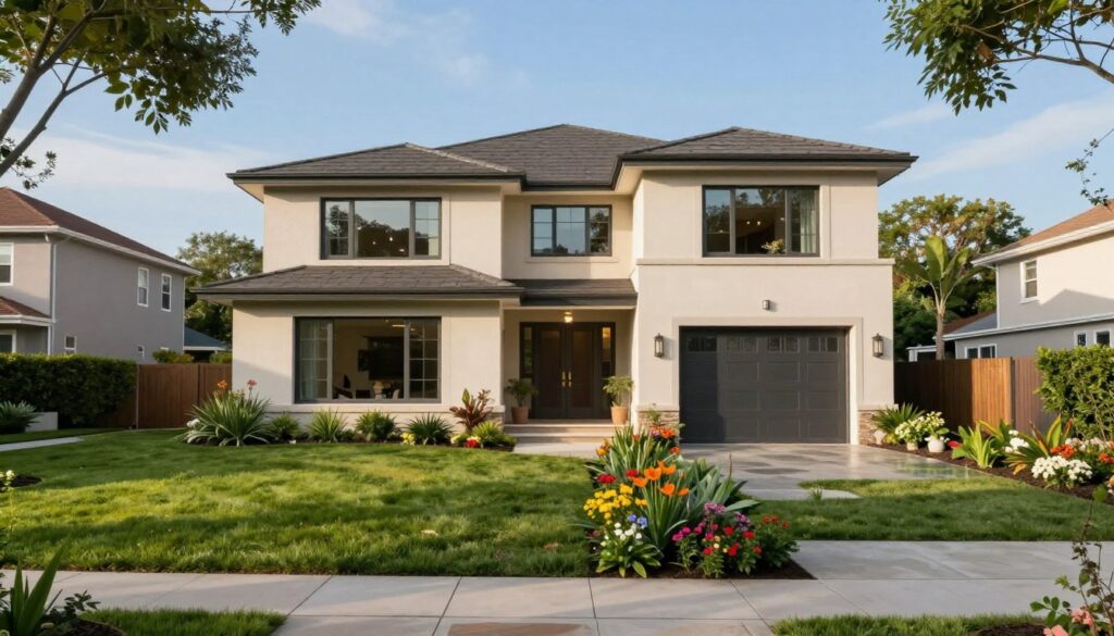 A luxurious and modern house set in a serene suburban environment, reflecting the lifestyle of a world-class athlete. In the foreground, a beautifully landscaped garden with lush green grass and vibrant flowers surrounds the entrance. In the middle, the stylish facade of the home showcases large windows and contemporary architecture, suggesting a welcoming and family-friendly atmosphere. In the background, a quiet neighborhood with tree-lined streets under a clear blue sky sets a peaceful scene. Soft, natural sunlight illuminates the house, enhancing its warmth. The mood is tranquil and inviting, conveying a sense of home and family life.