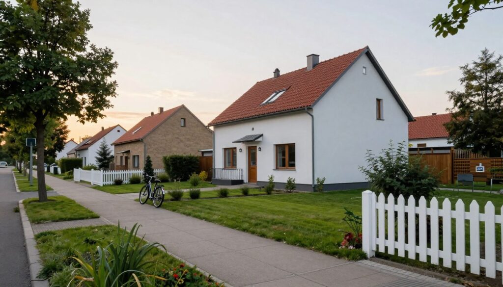 A modern residential area showcasing a suburban street in Poland, where Paweł Zduniak might reside. The scene includes a well-kept single-family home with a neat lawn, surrounded by trees and small gardens. In the foreground, a white picket fence frames the property, adding a charming touch of charm. The middle ground features a wide sidewalk, with a bicycle parked along it, indicating a friendly neighborhood atmosphere. In the background, soft evening light bathes the scene in a warm glow, as the sun sets, creating a peaceful and inviting mood. The image should capture a sense of community and normalcy, with no people present to maintain privacy. Focus on architectural details and greenery, emphasizing the serene environment of a typical Polish suburb. A modern residential area showcasing a suburban street in Poland, where Paweł Zduniak might reside. The scene includes a well-kept single-family home with a neat lawn, surrounded by trees and small gardens. In the foreground, a white picket fence frames the property, adding a charming touch of charm. The middle ground features a wide sidewalk, with a bicycle parked along it, indicating a friendly neighborhood atmosphere. In the background, soft evening light bathes the scene in a warm glow, as the sun sets, creating a peaceful and inviting mood. The image should capture a sense of community and normalcy, with no people present to maintain privacy. Focus on architectural details and greenery, emphasizing the serene environment of a typical Polish suburb.