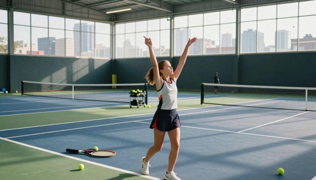 A modern training facility dedicated to young tennis athletes, featuring an impressive indoor court illuminated by bright sunlight filtering through large windows. In the foreground, a young female tennis player, Mirra Andriejewa, is practicing her serve while wearing a stylish yet modest athletic outfit. Her focused expression conveys determination and ambition. The middle of the scene showcases the court with tennis equipment neatly arranged, including rackets and balls. In the background, a city skyline is visible through the windows, symbolizing the hustle of life on tour. The lighting creates a vibrant, energetic atmosphere, ideal for training, and the camera angle captures a dynamic view of the action, emphasizing movement and motivation.