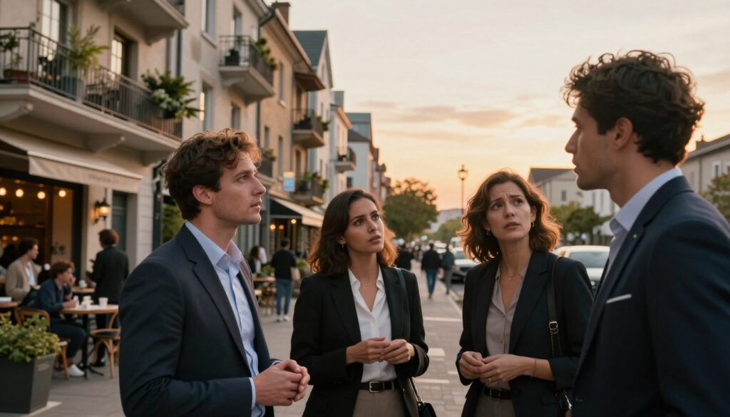 A modern urban scene depicting a bustling street where rumors and gossip thrive, capturing the essence of intrigue surrounding a public figure's residence. In the foreground, a diverse group of three people dressed in professional business attire converse animatedly, their expressions a mix of curiosity and skepticism. In the middle ground, charming city apartment buildings with balconies lined with plants hint at various lifestyles, while a subtle hint of a popular café can be seen, where locals gather to exchange stories. The background features a soft-focus skyline under a golden sunset, casting warm light that evokes an atmosphere of mystery and speculation. The composition should showcase sharp contrasts in light and shadow, using a slight wide-angle lens to bring depth and perspective to the scene.