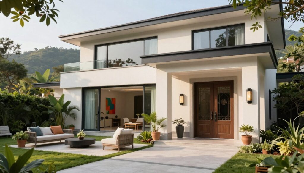 A modern villa surrounded by lush greenery, showcasing sleek architectural lines and large windows that invite natural light. In the foreground, a bright and welcoming entrance with a stylish door and elegant landscaping. To the left, a cozy outdoor seating area adorned with plush cushions and potted plants, suggesting a tranquil living environment. The middle section reveals the spacious interior through the glass walls, featuring minimalist decor and a hint of vibrant artwork. In the background, sun-drenched hills add a picturesque touch to this serene location. The scene is captured in soft, warm lighting, creating a relaxed atmosphere while maintaining a professional, polished look. The camera angle is slightly elevated, emphasizing the grandeur of the villa while ensuring no human subjects are present. A modern villa surrounded by lush greenery, showcasing sleek architectural lines and large windows that invite natural light. In the foreground, a bright and welcoming entrance with a stylish door and elegant landscaping. To the left, a cozy outdoor seating area adorned with plush cushions and potted plants, suggesting a tranquil living environment. The middle section reveals the spacious interior through the glass walls, featuring minimalist decor and a hint of vibrant artwork. In the background, sun-drenched hills add a picturesque touch to this serene location. The scene is captured in soft, warm lighting, creating a relaxed atmosphere while maintaining a professional, polished look. The camera angle is slightly elevated, emphasizing the grandeur of the villa while ensuring no human subjects are present.