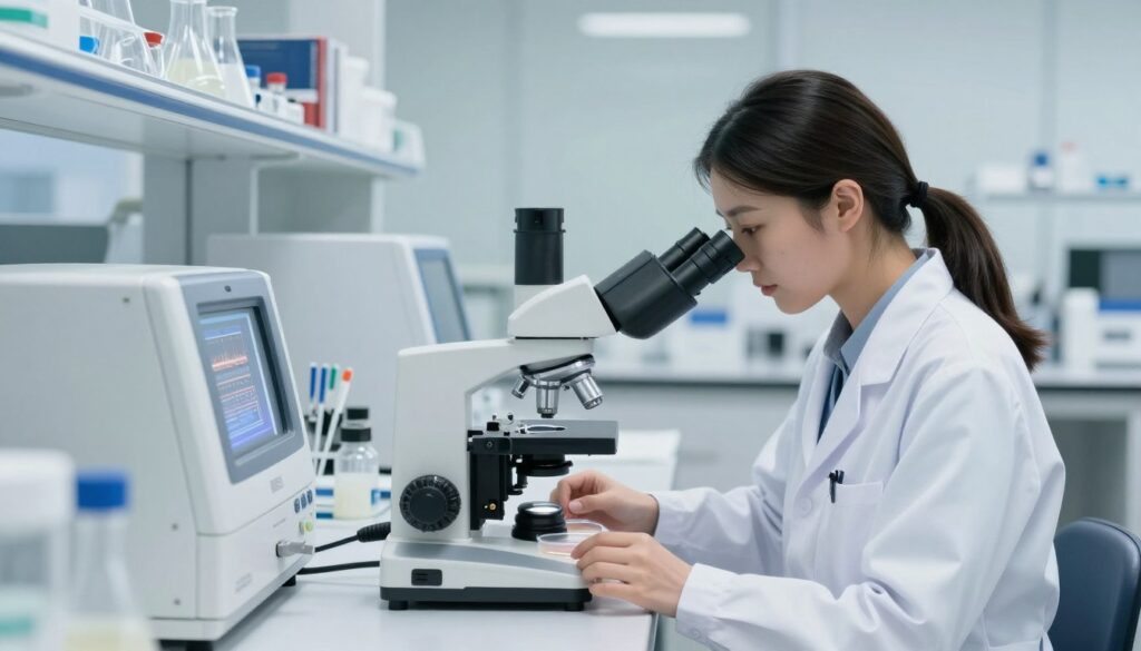 A modern, well-lit laboratory setting showcasing advanced reproductive technology. In the foreground, a professional female scientist in a lab coat is attentively working with a microscope and a petri dish, symbolizing in vitro fertilization. In the middle ground, there is an array of high-tech equipment related to assisted reproductive techniques, like incubators and pipettes, indicating a sterile and sophisticated environment. The background features shelves filled with scientific literature and glassware, enhancing the academic atmosphere. The lighting is bright and clinical, creating a sense of innovation and hope. The overall mood is one of professionalism and scientific exploration, focusing on the possibilities of conception outside of traditional intercourse. A modern, well-lit laboratory setting showcasing advanced reproductive technology. In the foreground, a professional female scientist in a lab coat is attentively working with a microscope and a petri dish, symbolizing in vitro fertilization. In the middle ground, there is an array of high-tech equipment related to assisted reproductive techniques, like incubators and pipettes, indicating a sterile and sophisticated environment. The background features shelves filled with scientific literature and glassware, enhancing the academic atmosphere. The lighting is bright and clinical, creating a sense of innovation and hope. The overall mood is one of professionalism and scientific exploration, focusing on the possibilities of conception outside of traditional intercourse.