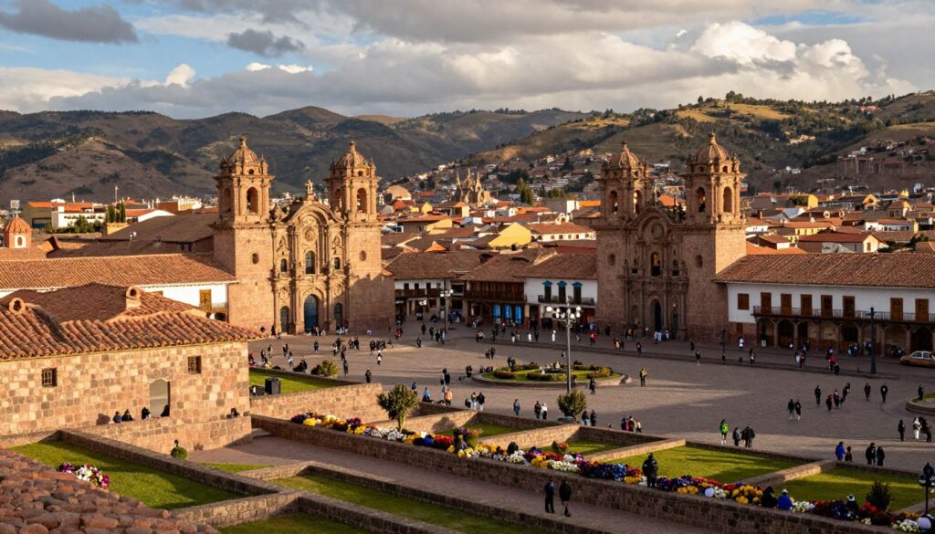 A panoramic view of Cuzco, the heart of the Inca Empire, showcasing its intricate urban design and historical architecture. In the foreground, include traditional stone walls and beautifully crafted Inca terraces adorned with colorful flowers. The middle ground features the vibrant main square, bustling with people dressed in modest, local attire, surrounded by colonial buildings with red-tiled roofs and ornate balconies. In the background, majestic Andean mountains rise, partially shrouded in soft clouds, creating a serene backdrop. The lighting is warm and golden, reminiscent of a late afternoon sun, casting long shadows and highlighting the textures of the stone. Capture the atmosphere of this ancient city, filled with rich culture and history, emphasizing its significance as a model Inca city. A panoramic view of Cuzco, the heart of the Inca Empire, showcasing its intricate urban design and historical architecture. In the foreground, include traditional stone walls and beautifully crafted Inca terraces adorned with colorful flowers. The middle ground features the vibrant main square, bustling with people dressed in modest, local attire, surrounded by colonial buildings with red-tiled roofs and ornate balconies. In the background, majestic Andean mountains rise, partially shrouded in soft clouds, creating a serene backdrop. The lighting is warm and golden, reminiscent of a late afternoon sun, casting long shadows and highlighting the textures of the stone. Capture the atmosphere of this ancient city, filled with rich culture and history, emphasizing its significance as a model Inca city.