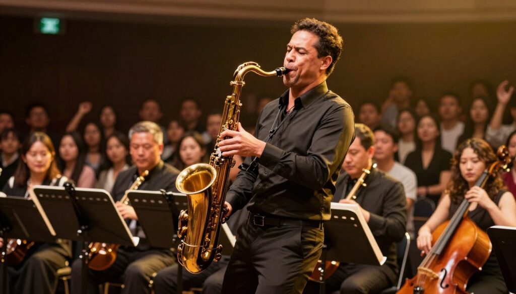A passionate male saxophonist performs on stage, enveloped in warm, golden lighting that highlights his focused expression and elegant instrument. The foreground captures the musician in motion, playing an alto saxophone, dressed in a smart black shirt and tailored trousers, radiating charisma. In the middle ground, a small ensemble of musicians supports him, with soft instruments in subtle hues creating a harmonious backdrop. The vibrant audience is slightly blurred in the background, emphasizing their engagement with the performance. The atmosphere is electric, filled with the energy of live music, evoking a mix of joy and reflection. Use a wide-angle lens to capture the entire scene and convey the dynamic ambiance of a jazzy night.