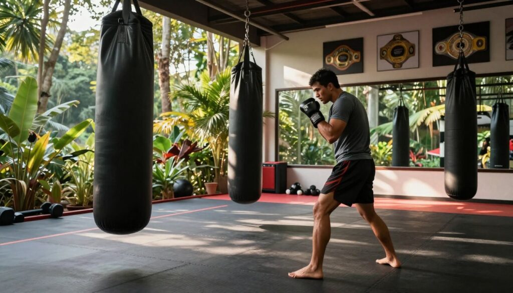A peaceful training facility dedicated to mixed martial arts, surrounded by lush greenery and a tranquil atmosphere. In the foreground, a professional fighter in modest athletic wear is practicing striking techniques on a heavy bag, showcasing strength and focus. In the middle ground, a modern gym with mats and training equipment can be seen, as well as images of championship titles on the walls, reflecting the sport's prestige. The background features a serene view of the outdoors with natural light filtering through the windows, casting warm shadows that enhance the ambiance. The mood is motivational and inspiring, capturing the essence of preparation and dedication in the world of Fame MMA. The scene is well-composed, using a slight low-angle perspective to emphasize determination and ambition.