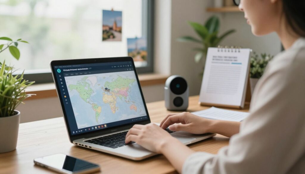 A person in a stylish, trendy home office setting, dressed in professional casual attire, is engaging in online privacy practices. In the foreground, a laptop is open, displaying a virtual private network (VPN) interface, with a blurred map in the background suggesting remote locations. The setting includes plants for a touch of greenery and a large window letting in soft, diffused natural light. In the middle ground, photos of travel destinations and carefully arranged privacy tools like a webcam cover and a security manual are visible. The atmosphere is calm and focused, with a mood of professionalism and security. The image captures the essence of modern private lifestyle through technology without revealing personal information.