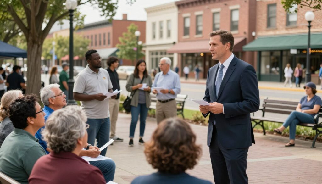 A picturesque electoral district scene featuring a vibrant urban environment. In the foreground, include a professional politician in business attire, confidently engaging with local constituents amid a bustling town square. The middle ground should showcase a diverse group of voters, reflecting a blend of ages and backgrounds, actively discussing issues related to their district. The background will display notable landmarks of the city, emphasizing its cultural heritage, with trees and public benches adding inviting details. Use warm, natural lighting to enhance the welcoming atmosphere, with a slight depth of field to focus on the interactions in the foreground while softly blurring the background. Aim for a sense of community engagement and civic pride. A picturesque electoral district scene featuring a vibrant urban environment. In the foreground, include a professional politician in business attire, confidently engaging with local constituents amid a bustling town square. The middle ground should showcase a diverse group of voters, reflecting a blend of ages and backgrounds, actively discussing issues related to their district. The background will display notable landmarks of the city, emphasizing its cultural heritage, with trees and public benches adding inviting details. Use warm, natural lighting to enhance the welcoming atmosphere, with a slight depth of field to focus on the interactions in the foreground while softly blurring the background. Aim for a sense of community engagement and civic pride.