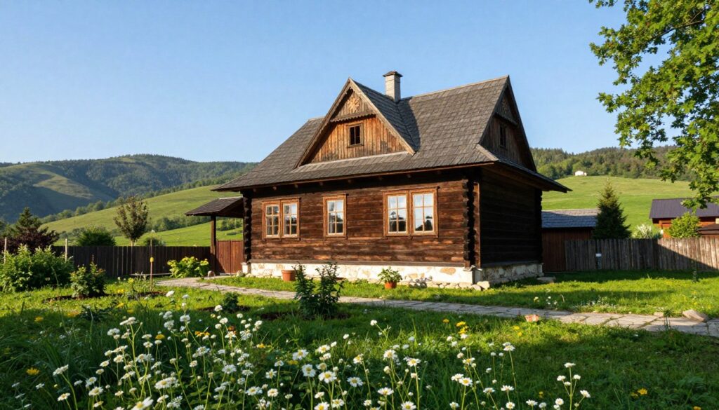 A picturesque, over-a-century-old wooden house typical of the Podkarpacie region, set in a lush green landscape. In the foreground, delicate wildflowers bloom, giving a sense of tranquility. The house features traditional architecture, with a steeply pitched roof, decorative wooden details, and large windows that reflect the surrounding trees. Sunlight filters through, casting soft shadows and giving warmth to the scene. In the middle ground, a well-maintained garden complements the property, with stone pathways leading to the entrance. The background showcases gently rolling hills under a clear blue sky, enhancing the feeling of rural serenity. The atmosphere is peaceful and nostalgic, evoking a sense of history and homeliness. The image should be captured with a wide-angle lens for a grand perspective and natural lighting to emphasize the beauty of the house and its setting.