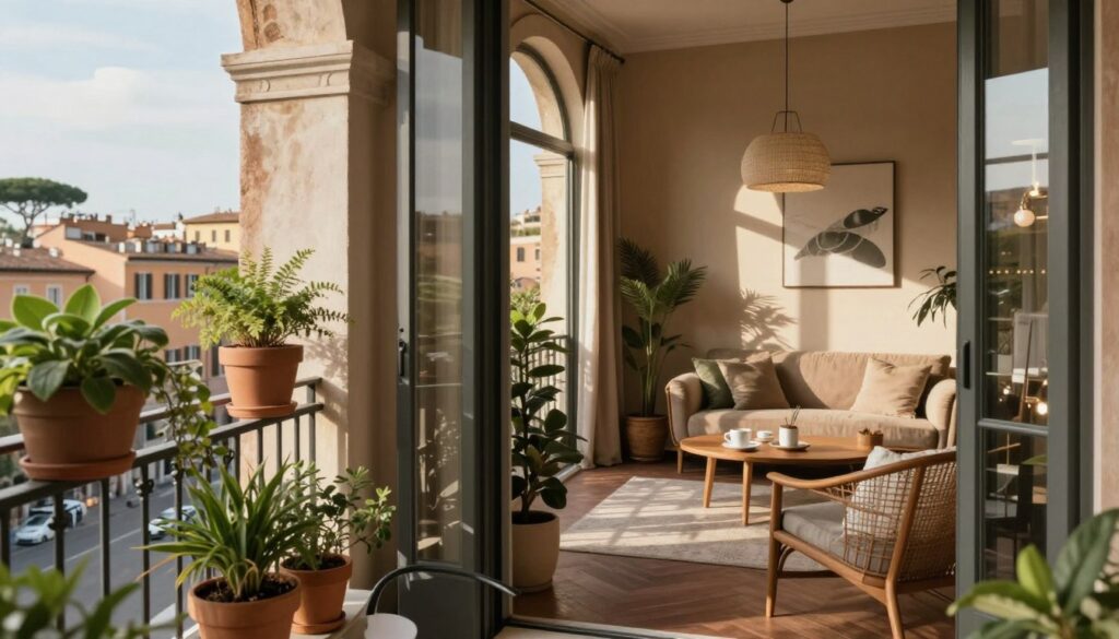 A picturesque view of a cozy apartment in Rome, showcasing the essence of Italian living. In the foreground, there’s a stylish balcony decorated with potted plants and a small table set for a morning coffee. The middle ground features the apartment's inviting interior, with warm tones, wooden furniture, and modern decor blending with classical Roman elements. In the background, soft sunlight filters through an arched window, casting gentle shadows across the room, hinting at a vibrant cityscape outside. The atmosphere is serene and warm, embodying the lifestyle of a young professional football player. Soft focus and natural lighting create a dreamy yet realistic setting, capturing the charm and essence of Nicola Zalewski’s residence in Rome.