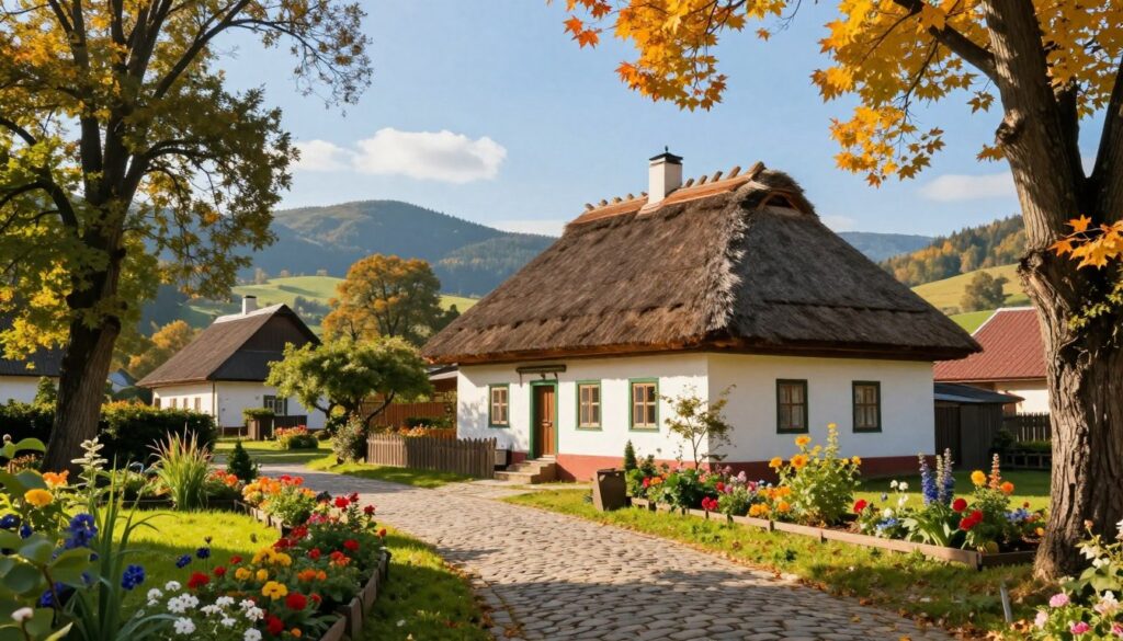 A picturesque village in Poland, showcasing the essence of "gdzie mieszka wojan." In the foreground, a quaint, traditional Polish house with a thatched roof, surrounded by lush green gardens filled with colorful flowers. In the middle, a serene cobblestone path leading to the house, flanked by old trees with vibrant autumn leaves. The background features rolling hills under a clear blue sky, with distant mountains hinting at tranquility. Soft, golden sunlight bathes the scene, casting gentle shadows and creating a warm, inviting atmosphere. Capture the essence of quiet rural life, evoking a sense of nostalgia and charm in a vibrant and detailed composition.